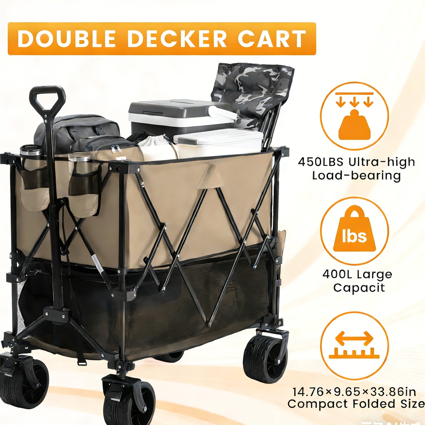 Folding Wagon Cart Double Decker 400L Collapsible Outdoor Utility Cart 54in Extended Shelf Wheels