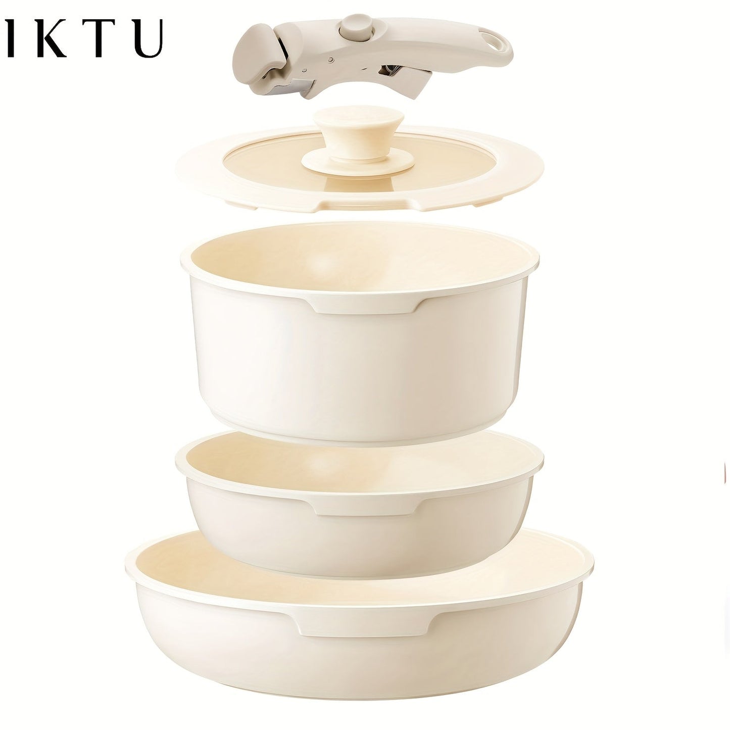 Cookware Set IKTU 5-Piece Detachable-Handle Aluminum Pots and Pans in White, Pink, Beige or Coral Pink