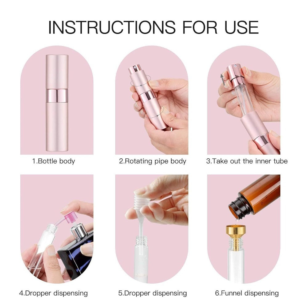 Refillable Perfume Atomizer Travel 5 Pack – 8ml Mini Cologne Sprayer Bottles with Cap-Free Twist Design, Leak-Proof Aluminum & Glass