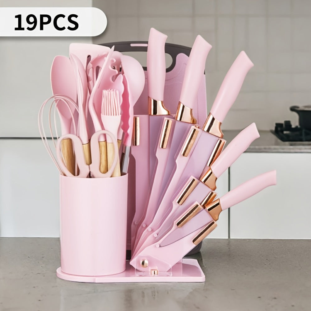 Kitchen Knife Set 19-Piece with Stainless Steel Blades, Wood Handles, Silicone Utensils, Board, Shears and Holder