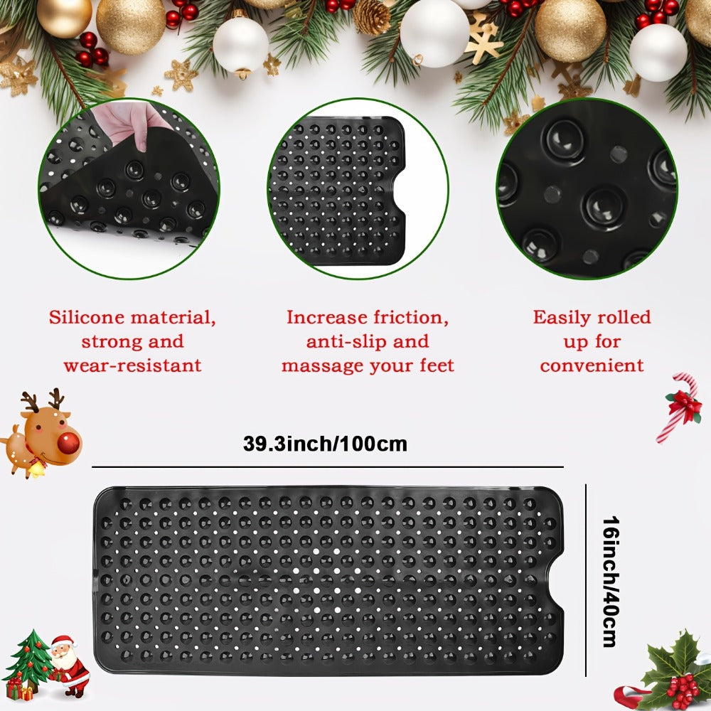 Black Suction-Cup Shower Bath Mat, 100 x 40cm with Drain Holes and Raised Circular Texture