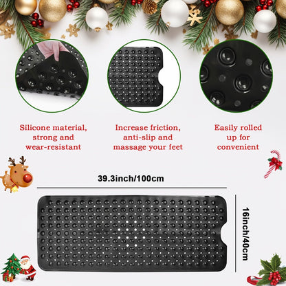 Black Suction-Cup Shower Bath Mat, 100 x 40cm with Drain Holes and Raised Circular Texture