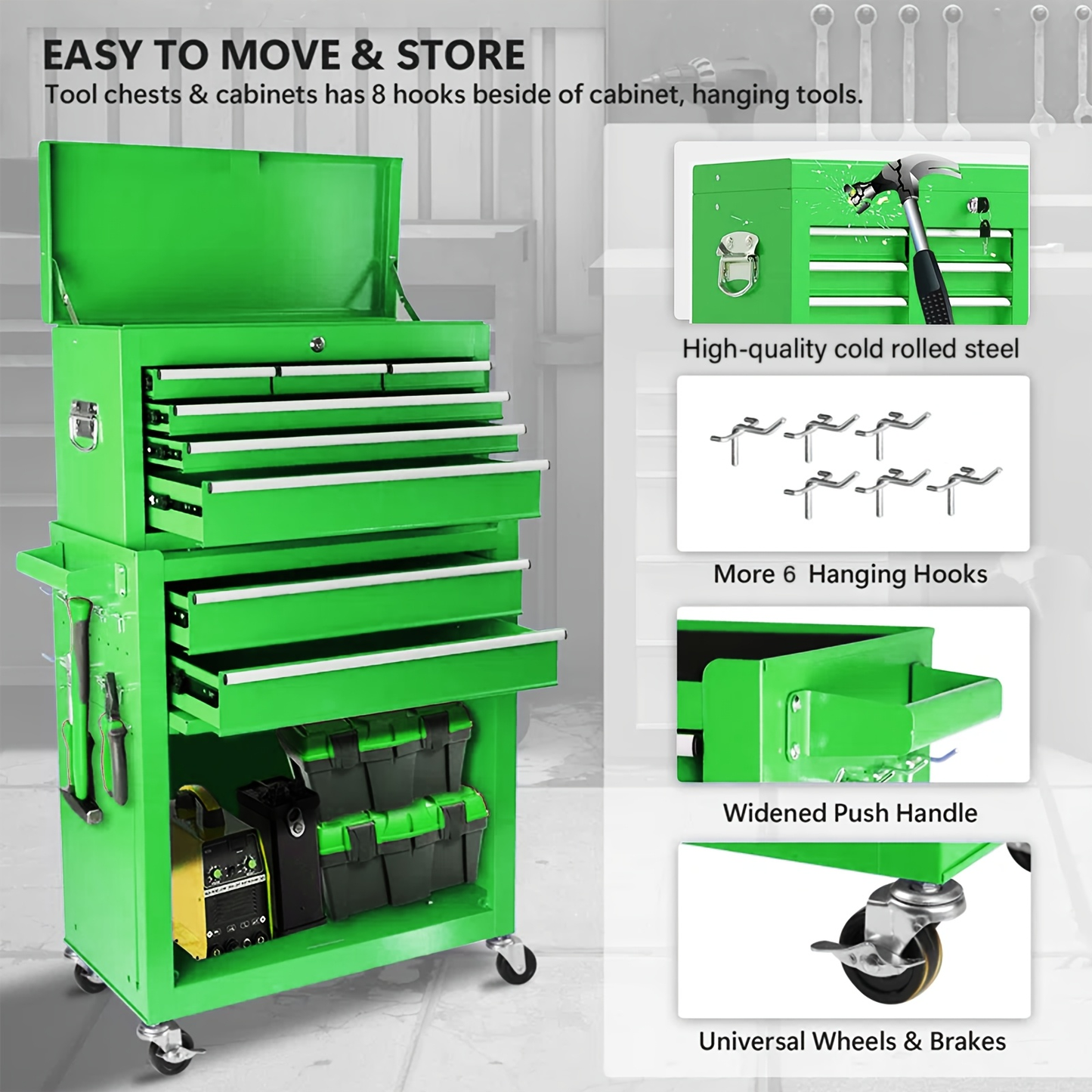 Rolling Tool Chest 8-Drawer Alloy Steel 2-in-1 Mobile Workbench Detachable Top Lockable Wheels Garage for Garden, Patio and Yard Use