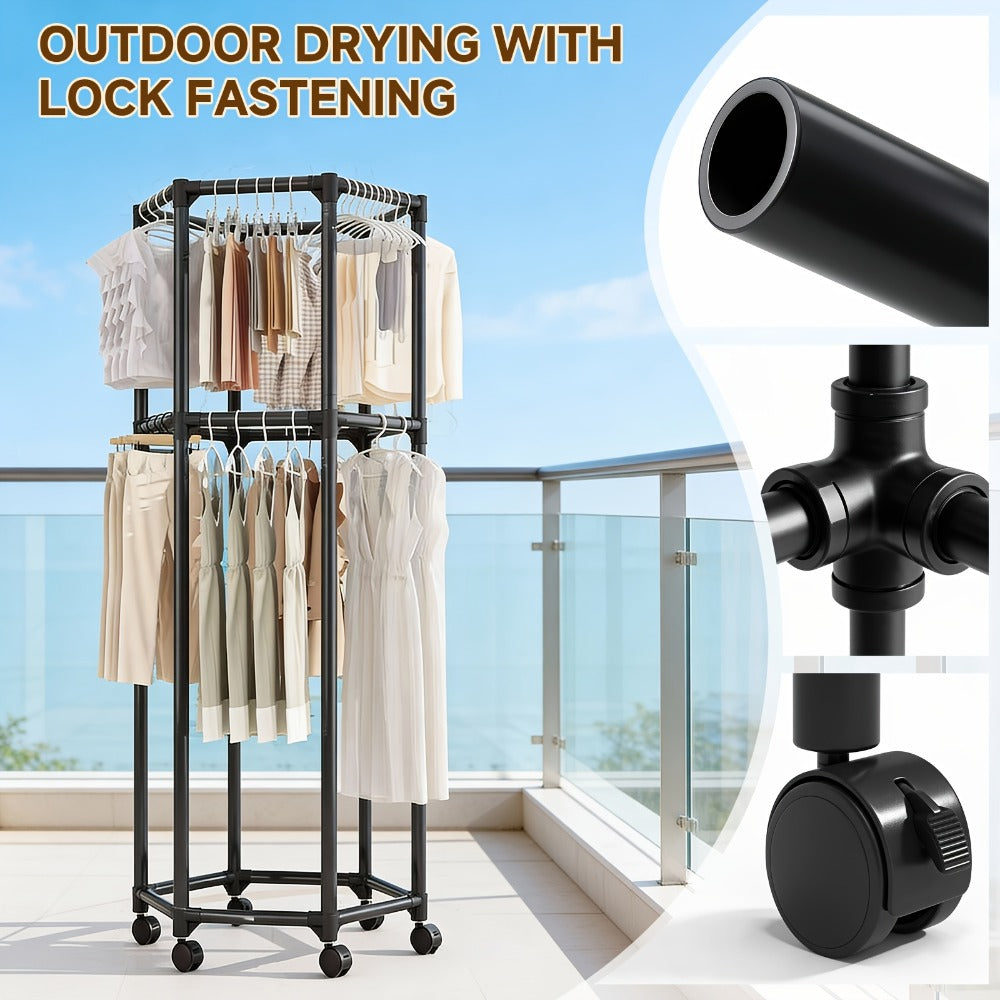 Rolling Hexagon Clothes Drying Rack 1 or 2 Layer, Sturdy Metal Floor Stand with Wheels, Multi-Bar & 10 Clips