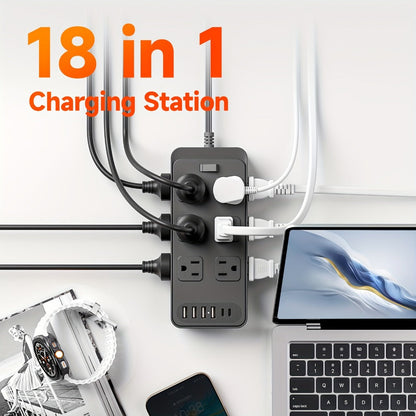 Power Strip Flat Plug 18-in-1 Surge Protector with 12 AC Outlets, 4 USB-A, 2 USB-C and 5- or 10-Foot Cord