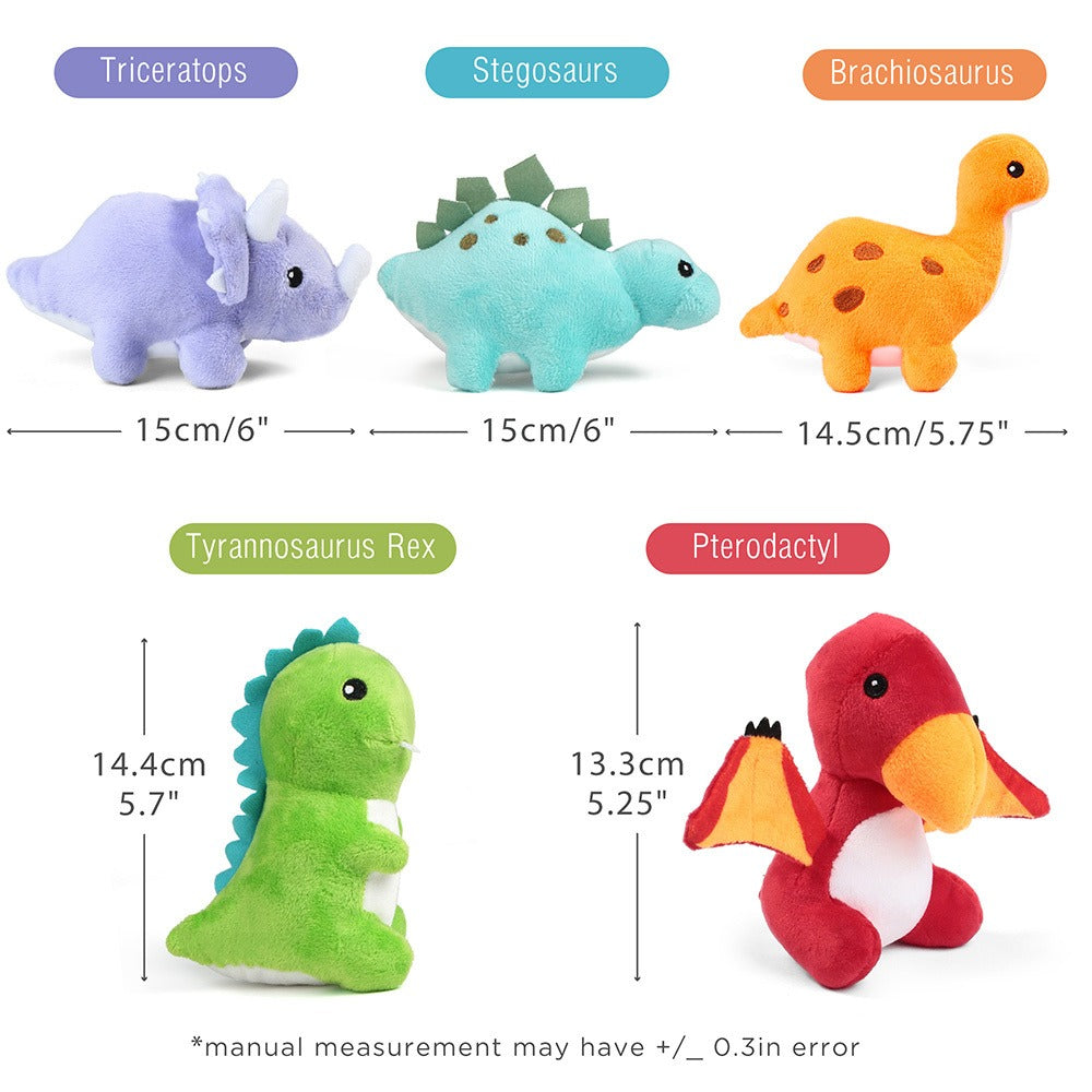 Plush Toy Five-Pack Mini Dinosaur Set with 5 6-Inch Dinos and Green Egg Carrying Case for Display