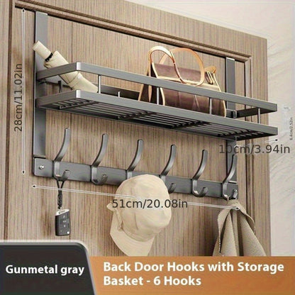 Over-the-Door Storage Rack with Metal Basket Shelf, 4 to 8 Hooks and Gray or Black Length Options