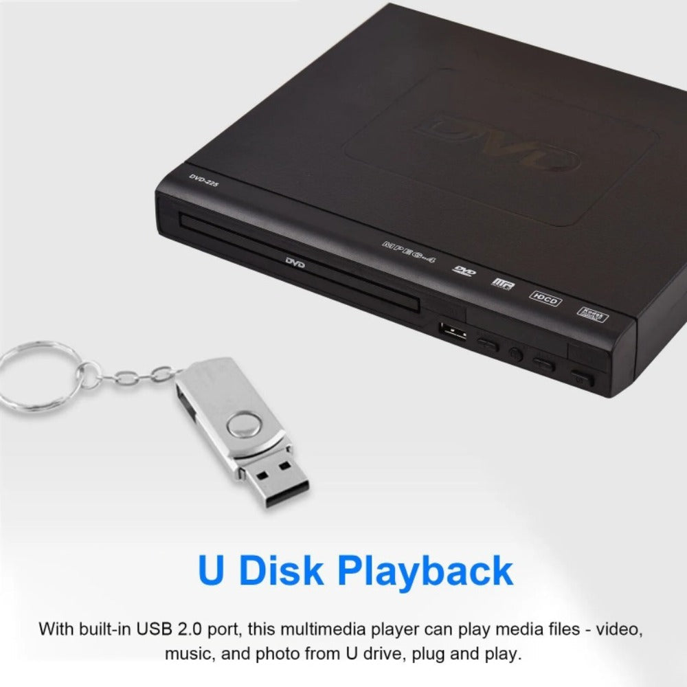 Compact Black DVD Player with USB Port, AV and Coaxial Outputs, Remote Control and RCA Cable for Older TVs