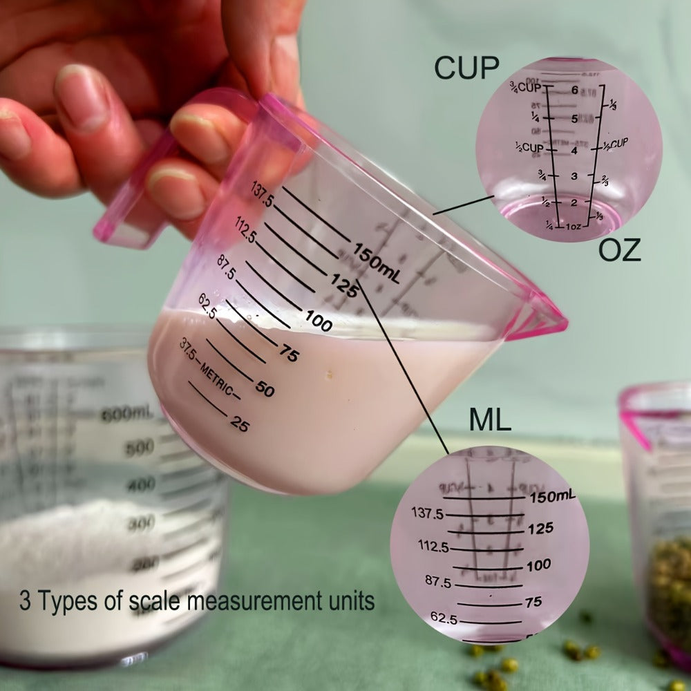 Measuring Cups and Spoon Set 4pcs – Pink Transparent Baking Measuring Cup Kit with ML OZ Cup Markings, PS Material