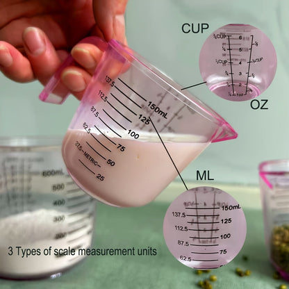 Measuring Cups and Spoon Set 4pcs – Pink Transparent Baking Measuring Cup Kit with ML OZ Cup Markings, PS Material