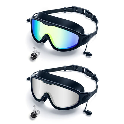 Two-Pack Mirrored Swim Goggles with Wide Lenses, Adjustable Straps, Earplugs, Nose Clip and Storage Case
