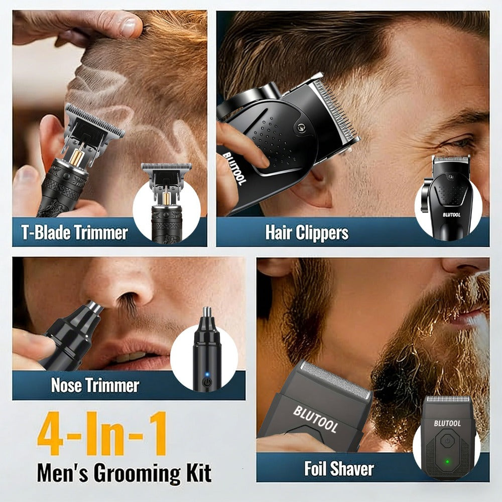 Hair Clipper & Trimmer Set 4-Piece for Men – Professional Barber Kit with Nose Trimmer, Detail Trimmer, Guide Comb