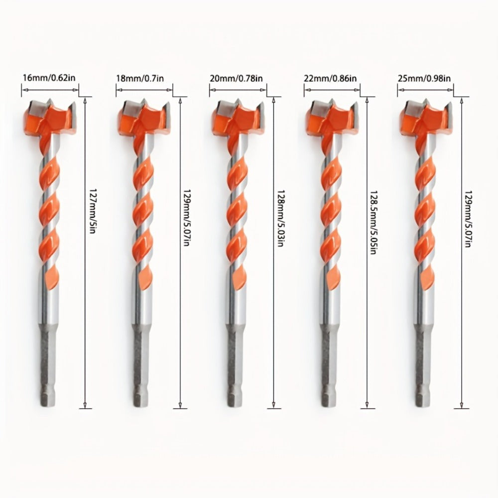 Five-Piece Extended Auger Drill Bit Set with 15-25mm Cutting Heads and Hex Shanks for Wood or Plastic