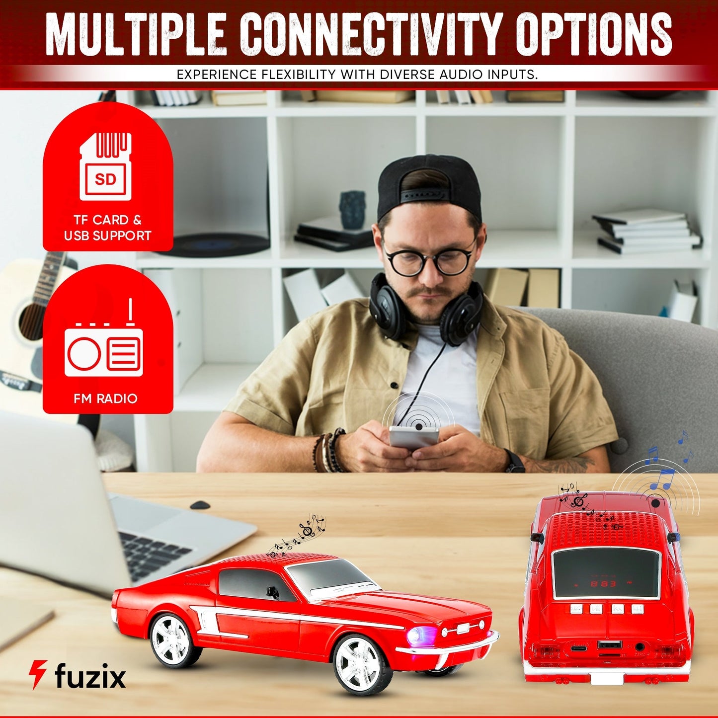 Fuzix WS-1967 Classic Car Bluetooth Speaker with LED Lights | Retro Replica Wireless Stereo, FM Radio, USB/TF/AUX, Built-in Mic