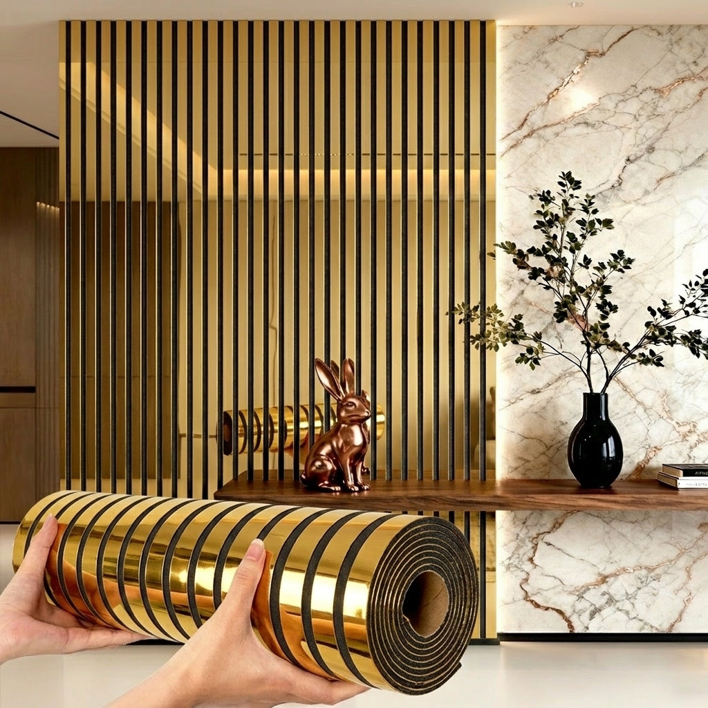 3D Mirror Slat Wall Panel Self-Adhesive Peel and Stick Gold Silver Metallic Grid Wall Sticker, for Entryways, Bedrooms and Living Spaces