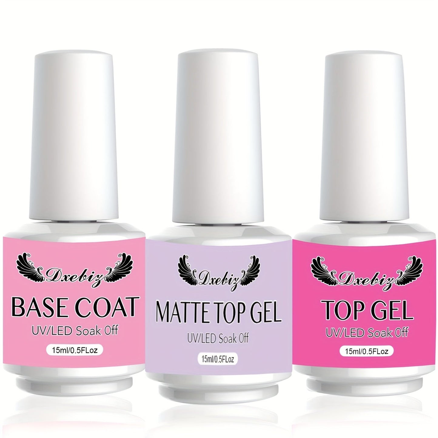 Gel Nail Polish 3-Piece Base and Top Coat Kit with No-Wipe Glossy, Matte and Base Gel for UV/LED Soak-Off Manicures