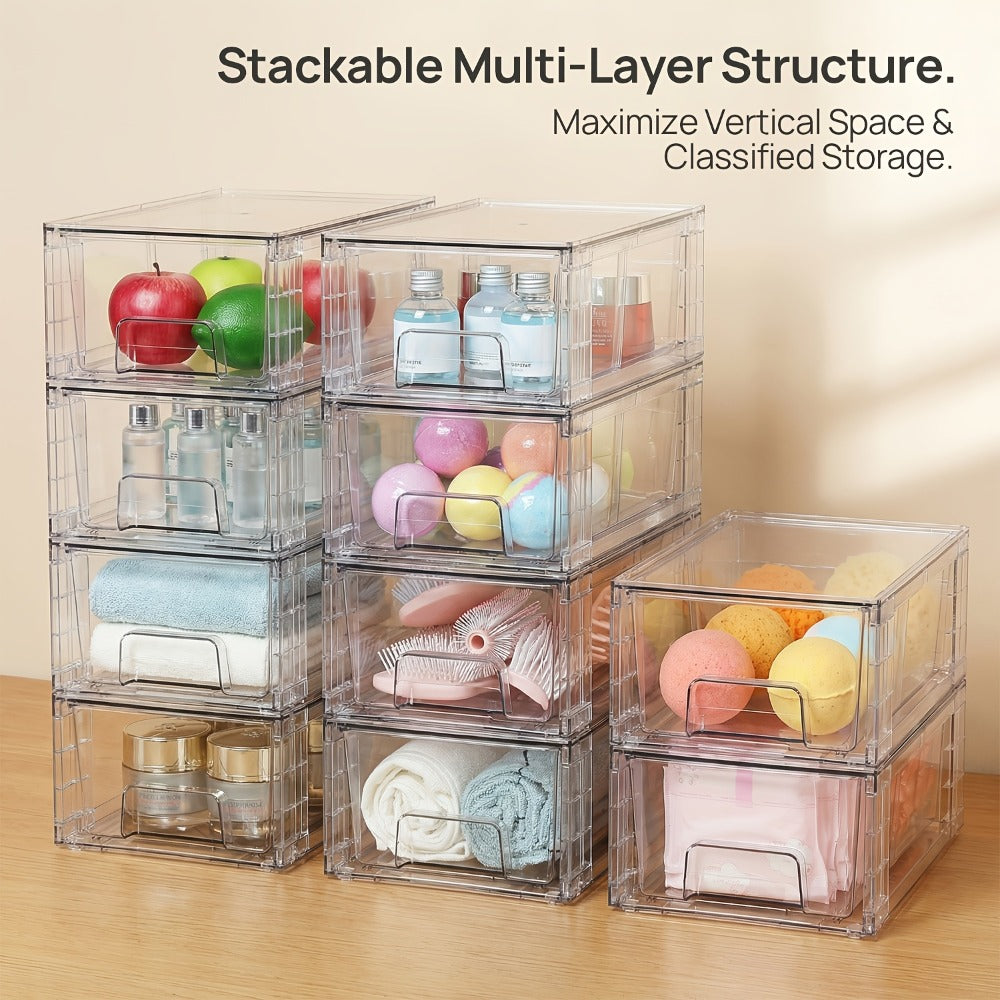 Clear Acrylic Storage Drawers with Handles – Stackable Refrigerator and Pantry Organizer Bins for Snacks Fruits and Vegetables