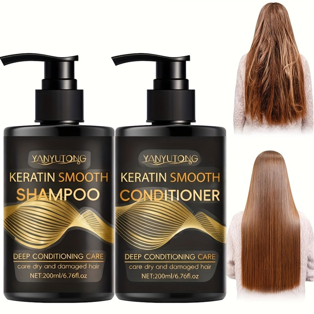 Keratin Shampoo and Conditioner Set 400ml, Breakage Split Ends & Anti-Frizz, Silky Smooth Hair for Color-Treated Heat-Damaged Hair