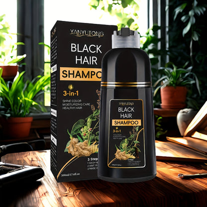 Hair Dye Shampoo, YANYUTONG 500ml Black 3-in-1 Bottle for At-Home Hair Color Application and Rinse Routine
