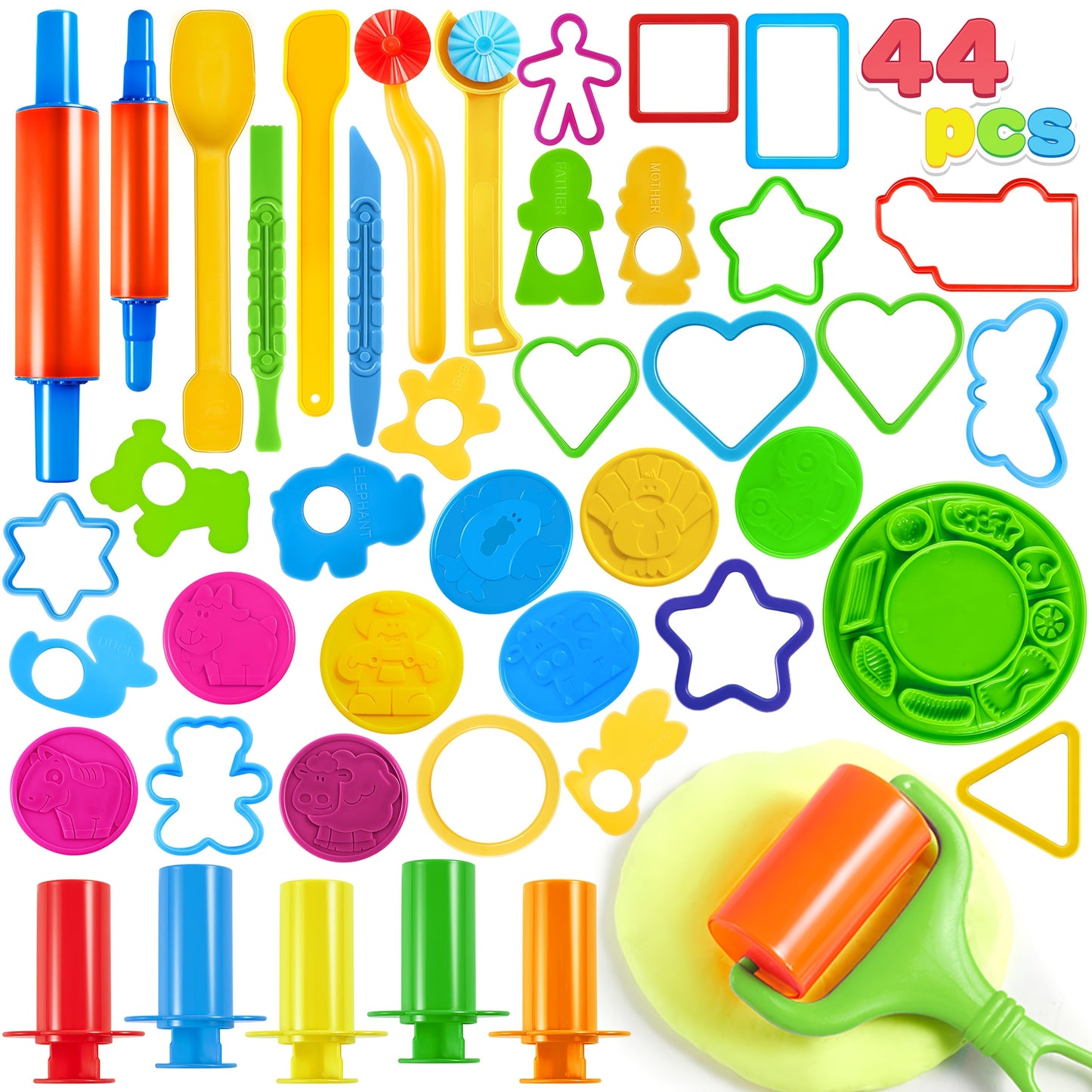 44-Piece Kids Clay Tools Set with Molds, Rolling Pins & Cutters, Dough Accessories for Toddlers & Preschoolers