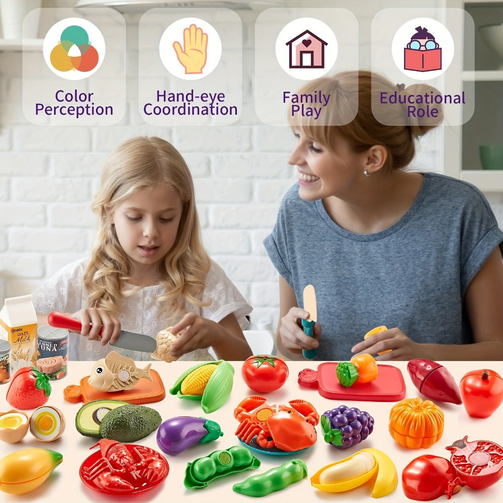 78 Pcs Kids Kitchen Toy Set with Storage Bag - Pretend Play Dinnerware, Fake Fruits & Vegetables