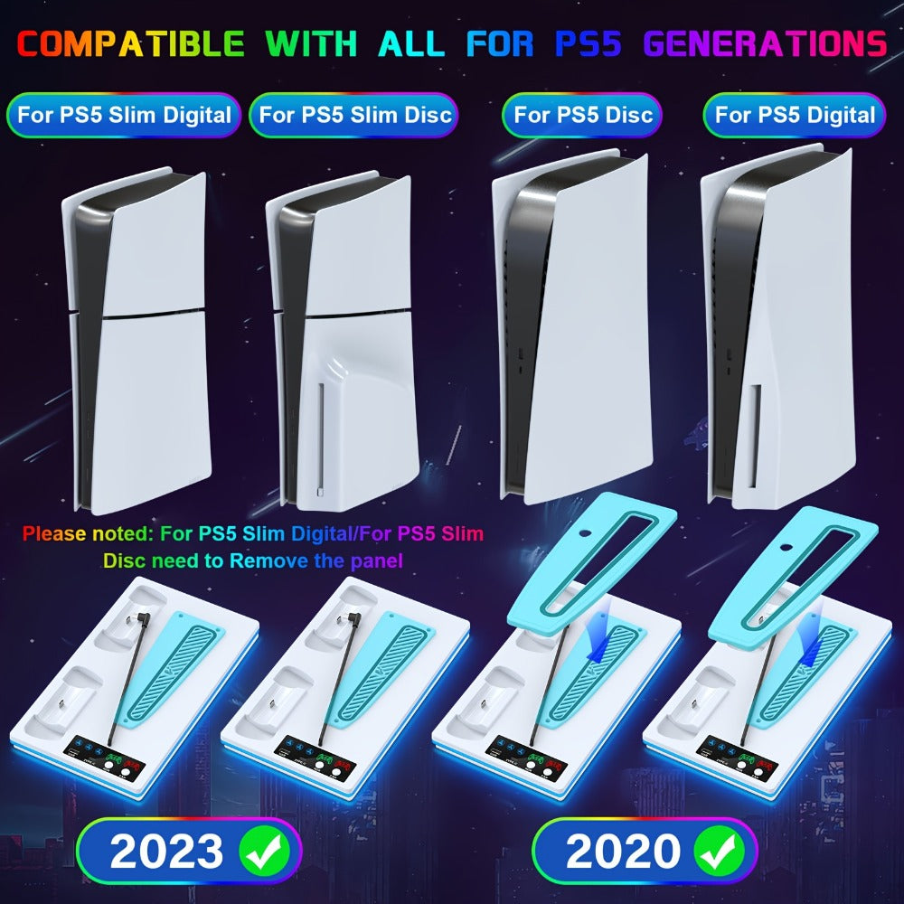 10 RGB Lights PS5 Cooling Stand with 3-Level Fan, Dual Controller Charging Station, USB Hub & Type-C Port