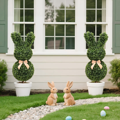 Artificial Boxwood Bunny Topiary 2-Pack, 3Ft Faux Rabbit Garden Statue with Bow, Indoor Outdoor Easter Spring Porch Decor