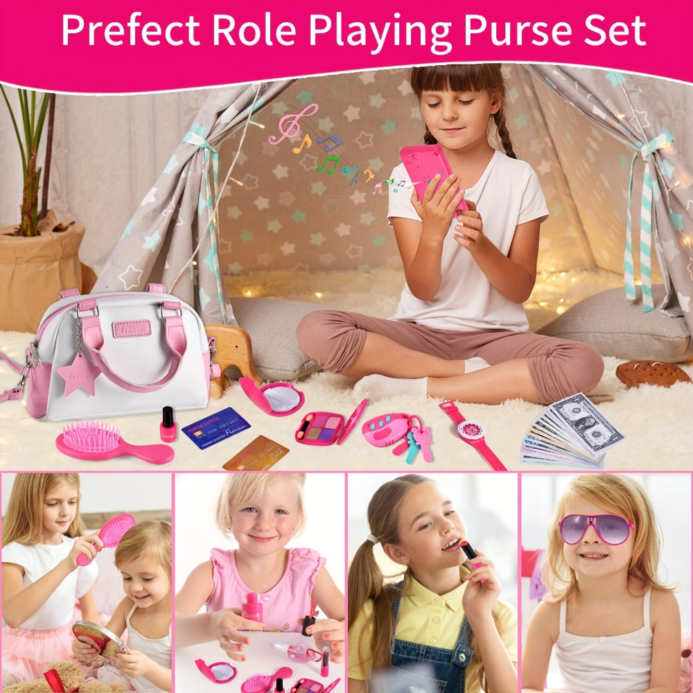 Pink Princess Play Purse Set for Girls, Pretend Makeup Handbag with Phone, Lipstick, Keys & Crossbody Bag