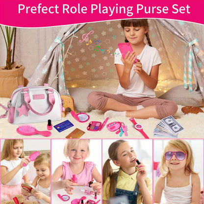 Pink Princess Play Purse Set for Girls, Pretend Makeup Handbag with Phone, Lipstick, Keys & Crossbody Bag