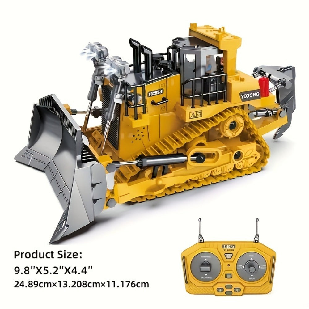 RC Bulldozer 9-Channel 2.4GHz Remote Control, Multifunctional Engineering Vehicle Toy with Alloy Metal Cover