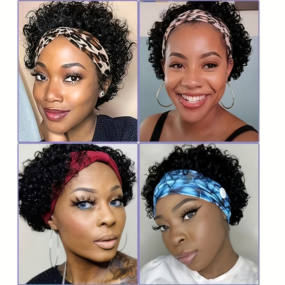 Kinky Curly Headband Wig Human Hair Brazilian 150% Density Glueless 6 Inch | No Glue No Gel Black Burgundy Rust | Beginner Friendly Daily