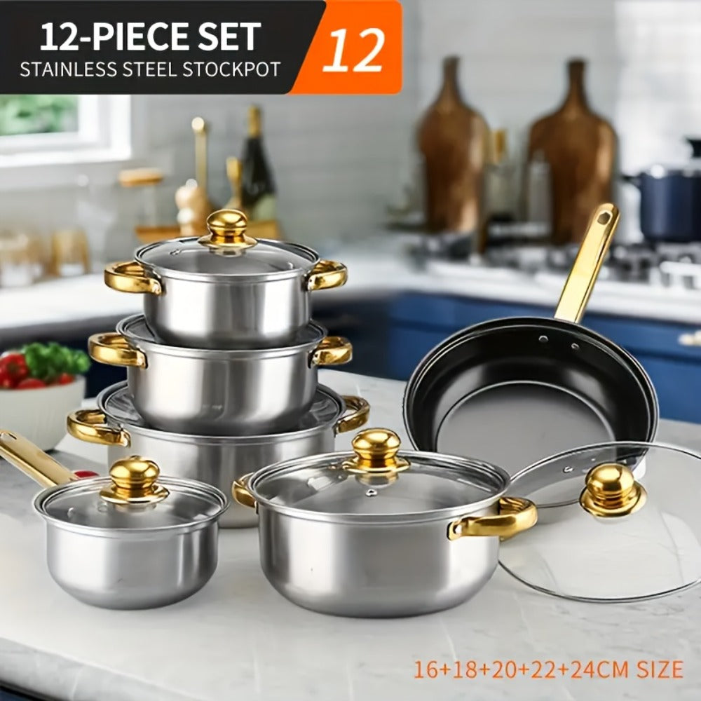 Cookware Set, 10-, 12- or 15-Piece Stainless Steel Deep Pots with Glass Lids, Double Handles and Three Finishes