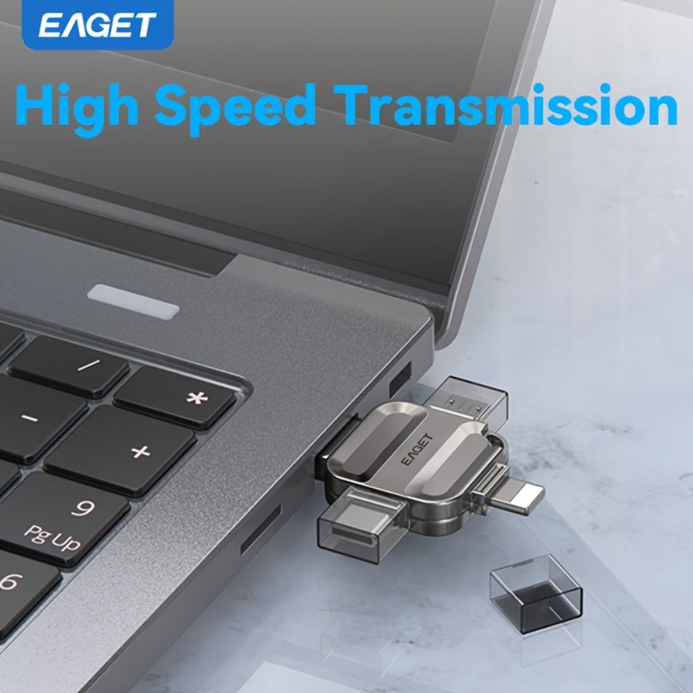 EAGET I50 iPhone Flash Drive USB 3.0 High Speed 4-in-1 Lightning Type-C Micro USB OTG Memory Stick 32GB 64GB 128GB 256GB for iPhone iPad