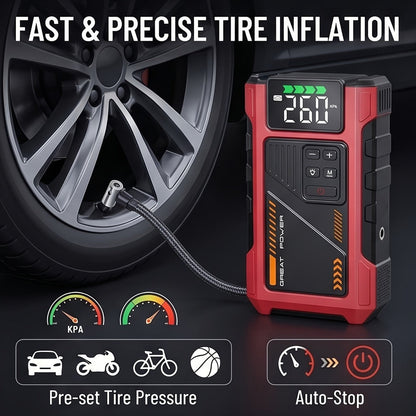 Portable Jump Starter 9-in-1 with Air Compressor – 12V Car Battery Booster for 8.0L Gas & 6.5L Diesel, USB-C, LED Emergency Light