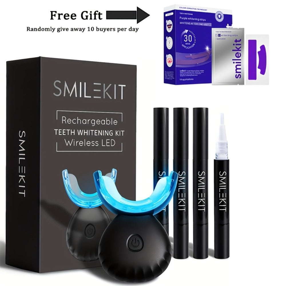 Black or White LED Teeth Whitening Mouthpiece Kit with Four Gel Pens, Shade Guide and 16-Minute Timer