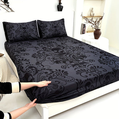 Gothic Skull Fitted Sheet Set 3-Piece, Victorian Baroque Halloween Bedding, 1 Deep Pocket Fitted Sheet + 2 Pillowcases