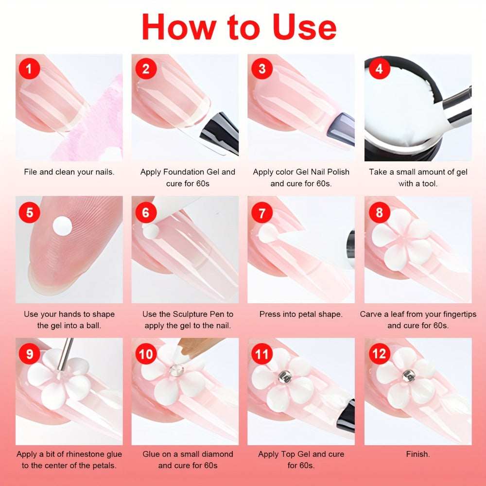 Nail Sculpting Gel Kit 3D 4D 12 Colors with Carving Pen – Firm Non-Sticky Soak-Off Sculpture Gel for Flowers, Leaves