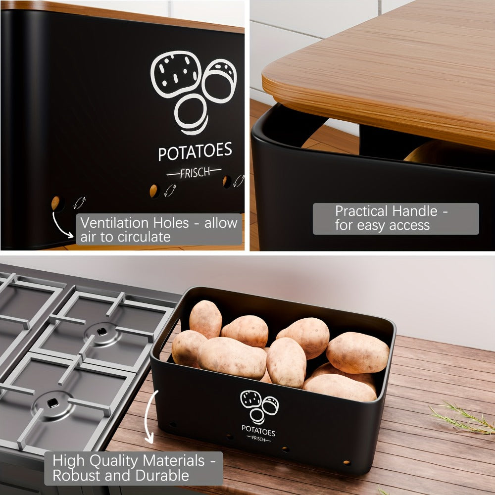 Three-Piece Black Metal Canister Set Labeled for Potatoes, Onions and Garlic in Graduated Sizes