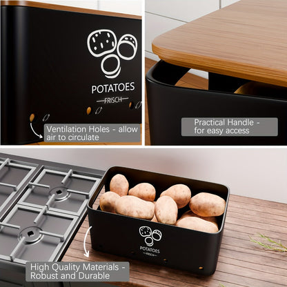 Three-Piece Black Metal Canister Set Labeled for Potatoes, Onions and Garlic in Graduated Sizes