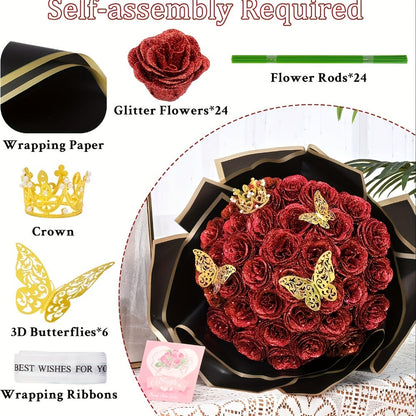 Artificial Rose Bouquet 24 Glitter Roses with 6 Golden Butterflies, Everlasting Shiny Fake Flower Bouquet for Wedding