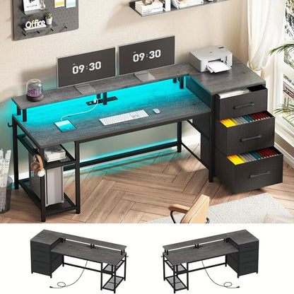 Computer Desk, 59" with LED Lights & Power Outlet - Reversible Home Office Desk with File shown in the main product view