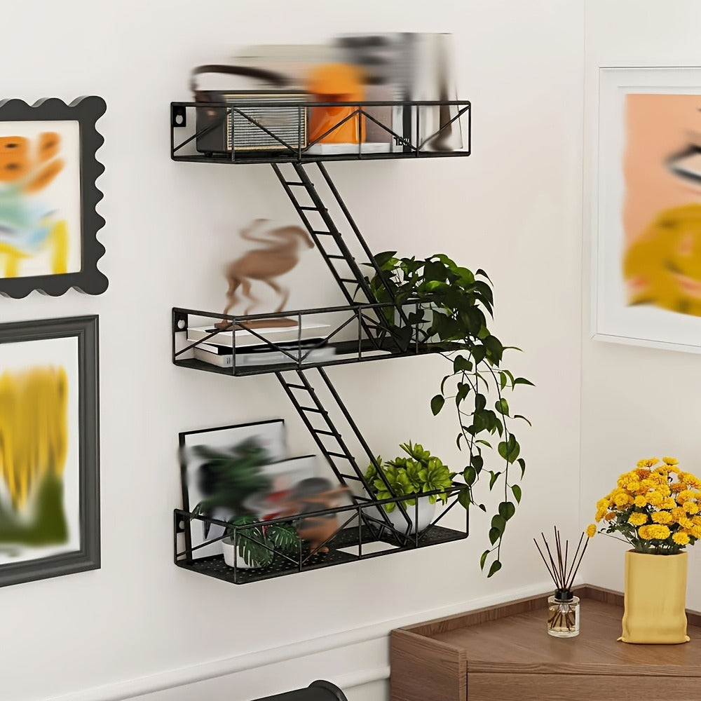 Staircase Wall Shelf with Three- or Four-Level Structures across Four Wrought-Iron Checkout Options