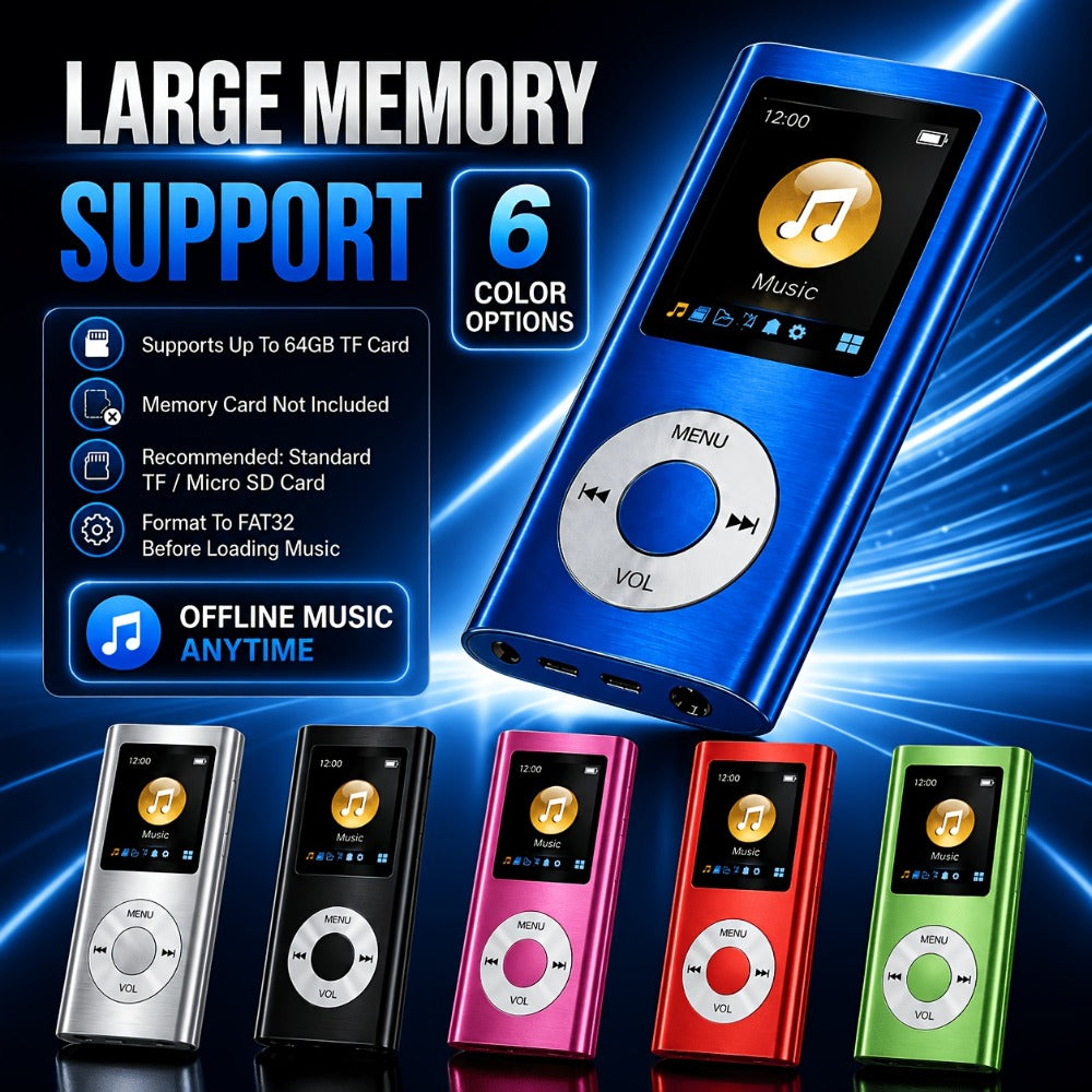 Aluminum-Alloy MP3 Player with 64GB Card Support, 1.8-Inch LCD, Earphones and Charging Cable in Red or Black
