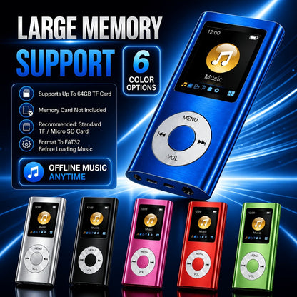 Aluminum-Alloy MP3 Player with 64GB Card Support, 1.8-Inch LCD, Earphones and Charging Cable in Red or Black