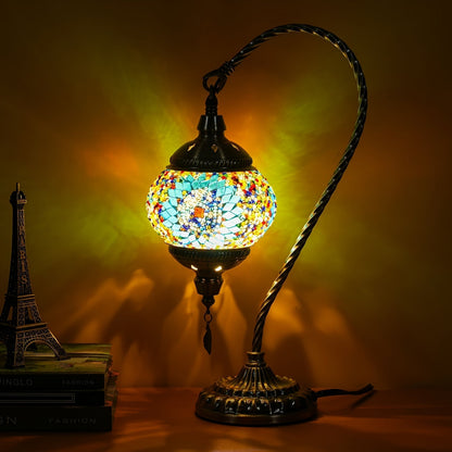 Table Lamp with Swan-Neck Mosaic Glass Shade, Metal Base, Six Color Options and Three White-Light Modes