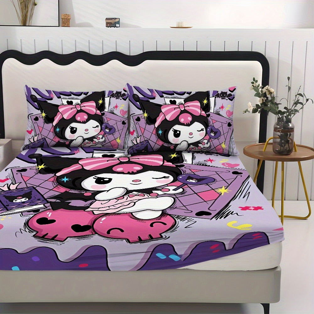 Sanrio Hello Kitty & Kuromi Bedding Set 3pcs, Fitted Sheet & Pillowcases, Polyester, Twin Full Queen King