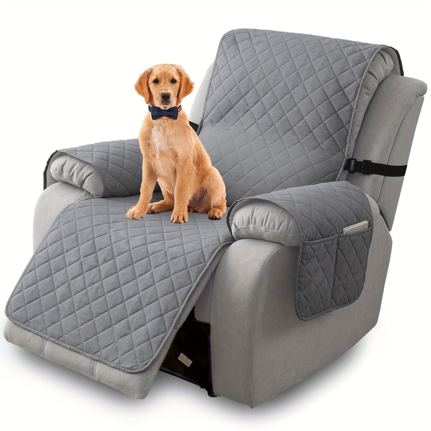 One-Piece Quilted Recliner Chair Cover with Wide Arm Wings, Back Strap and Eight Color Options