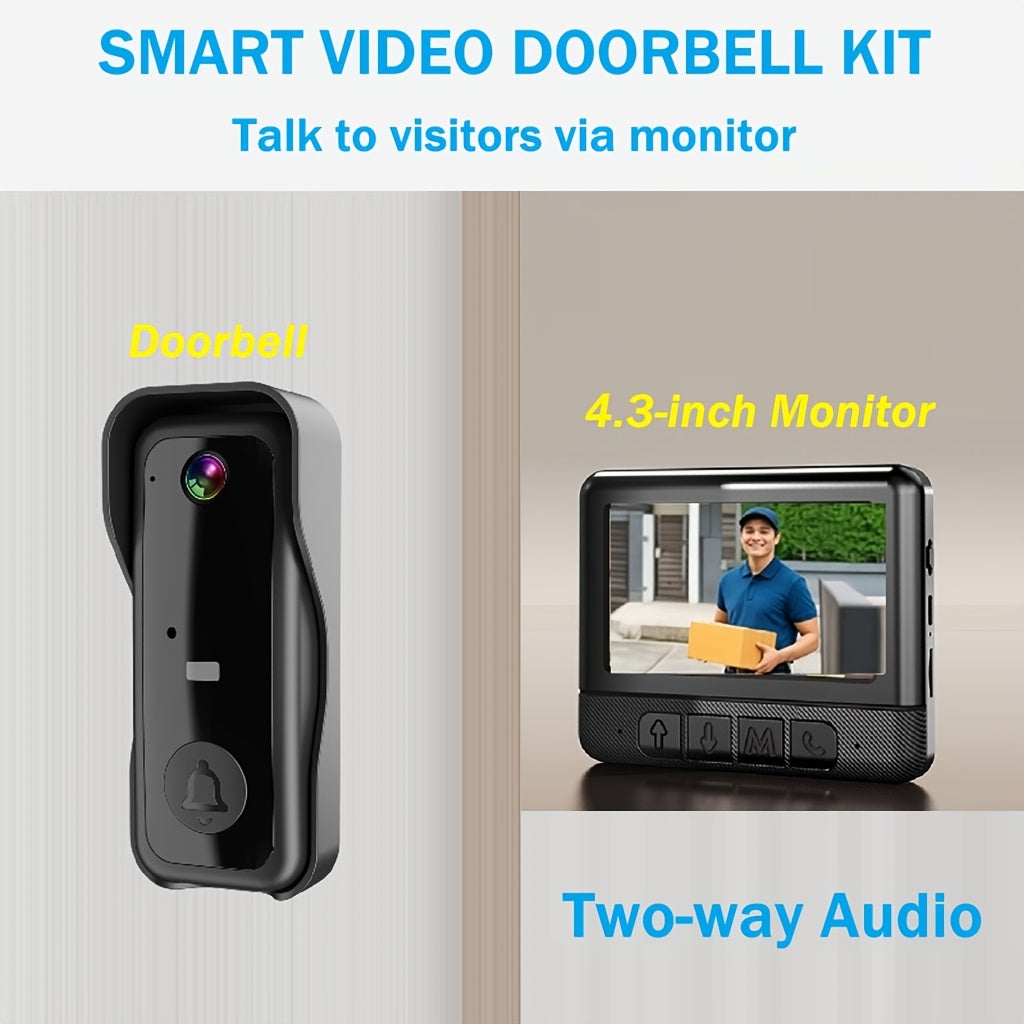 WiFi Video Doorbell with 4.3 Inch Indoor Monitor, Night Vision Two-Way Audio Rechargeable Battery
