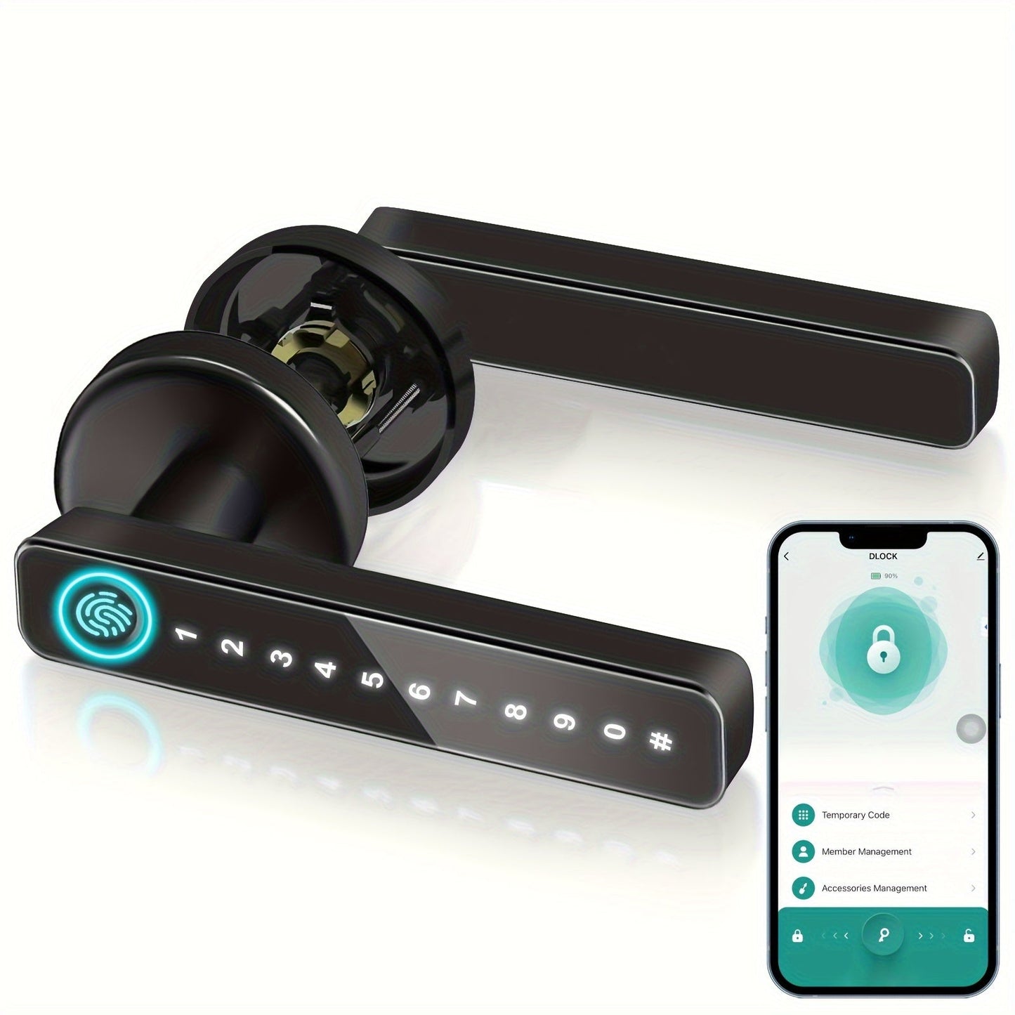 Smart Door Lock Black Lever with Fingerprint Keypad IC Card App Key and Left Right Hand Setup