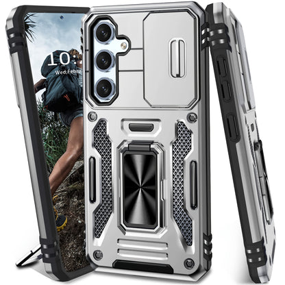 Samsung Galaxy Shockproof Magnetic Phone Case with 360° Rotating Ring Bracket & Sliding Lens Protector – Heavy Duty Cover for S24FE S23FE